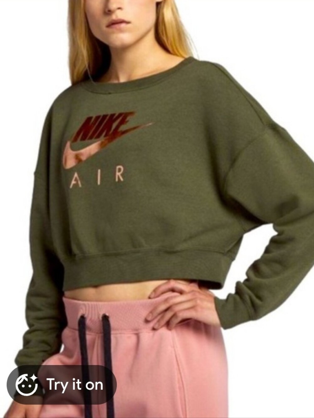 Nike Olive Cropped Crew Sweatshirt with Metallic Rose Logo